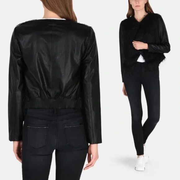 Armani Exchange Faux Leather Sparkle Fringe Cascade Jacket Open Size 6 Black - Picture 8 of 8